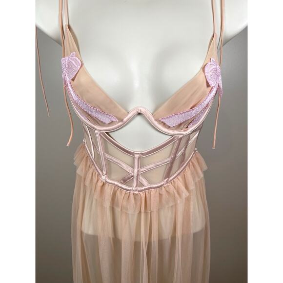 For Love & Lemons Akeria Sequin Bow Cutout Sheer Pink Maxi Slip Dress Size XXS - Picture 4 of 8